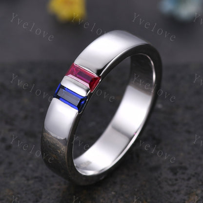 5mm Mens Sapphire Ruby Wedding Band,Two Baguette Cut Gems Ring,Comfort Fit Mens Ring,Mens Birthstone Ring,Handmade Gift For Him, Platinum