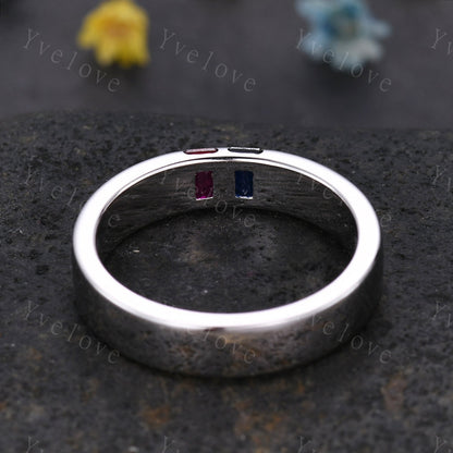 5mm Mens Sapphire Ruby Wedding Band,Two Baguette Cut Gems Ring,Comfort Fit Mens Ring,Mens Birthstone Ring,Handmade Gift For Him, Platinum