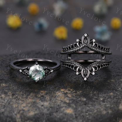 Hexagon Cut Moss Agate Engagement Ring Vintage Black Gold Ring Unique black wedding band,Diamond Ring Anniversary Gift,Celtic Gothic Ring