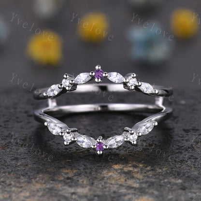 Natural amethyst curved enhancer matching band stacking band diamond wedding ring art deco marquise moissanite customized gift silver ring