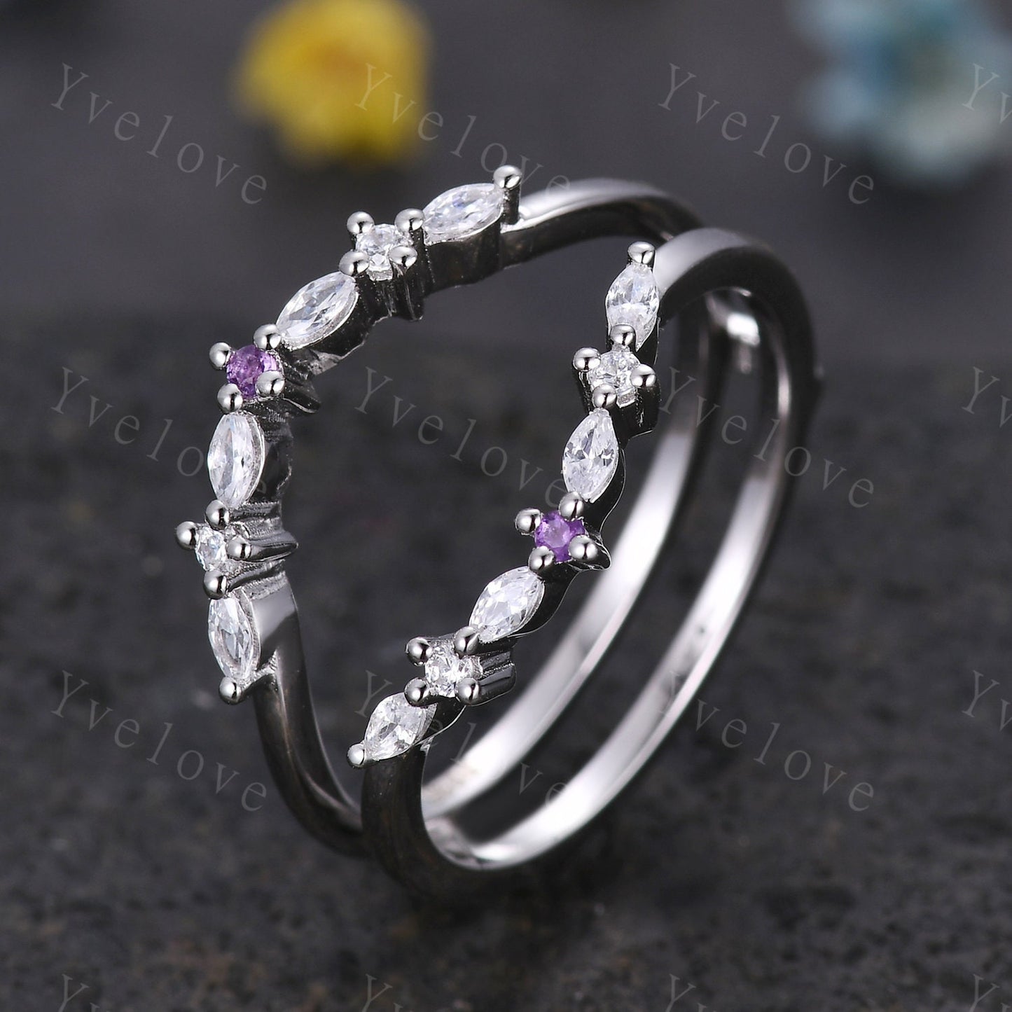 Natural amethyst curved enhancer matching band stacking band diamond wedding ring art deco marquise moissanite customized gift silver ring