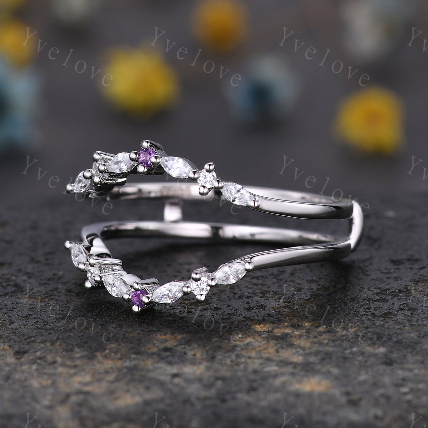 Natural amethyst curved enhancer matching band stacking band diamond wedding ring art deco marquise moissanite customized gift silver ring