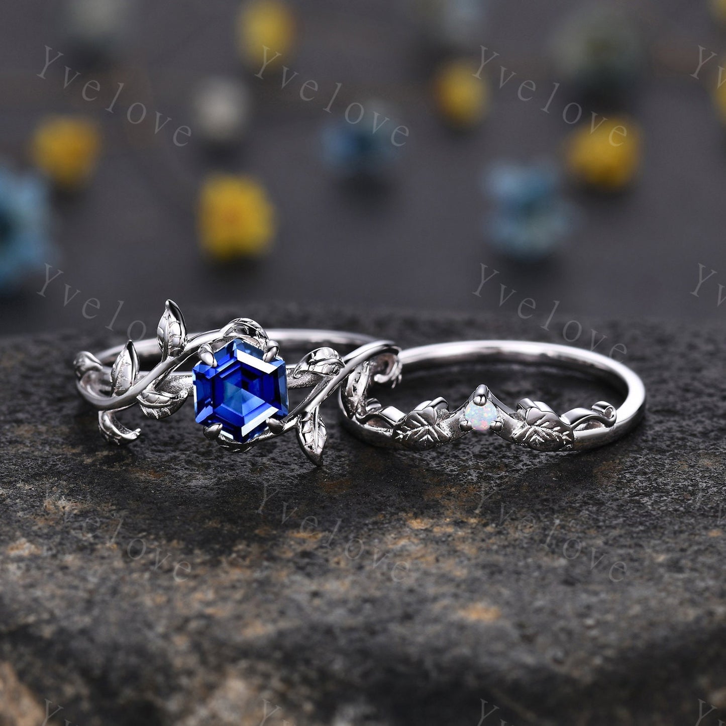 Hexagon Sapphire Ring,Vintage Vine Leaf Ring,Unique Sapphire Opal Engagement Ring,September birthstone,Promise Anniversary Bridal Ring Gift