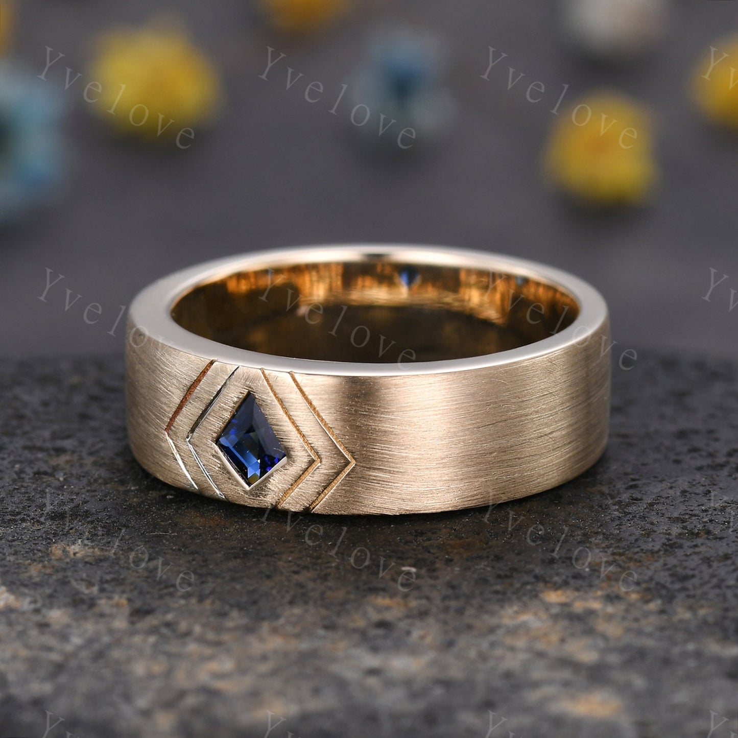 7mm Solid Gold Mens Kite Cut Blue Sapphire Wedding Band Sapphire Engagement Ring Brushed Finished Band Mens Stacking Band His Wedding band