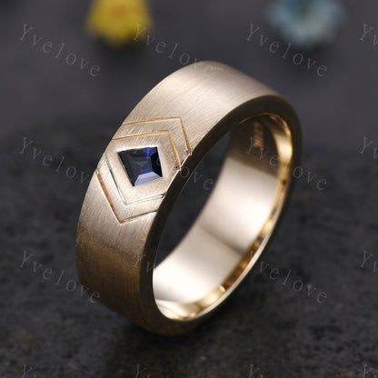 7mm Solid Gold Mens Kite Cut Blue Sapphire Wedding Band Sapphire Engagement Ring Brushed Finished Band Mens Stacking Band His Wedding band