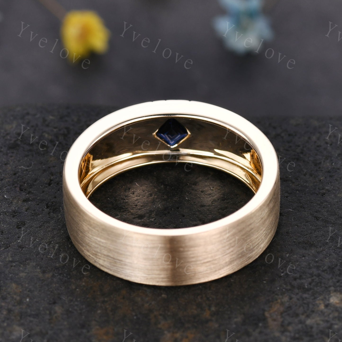 7mm Solid Gold Mens Kite Cut Blue Sapphire Wedding Band Sapphire Engagement Ring Brushed Finished Band Mens Stacking Band His Wedding band