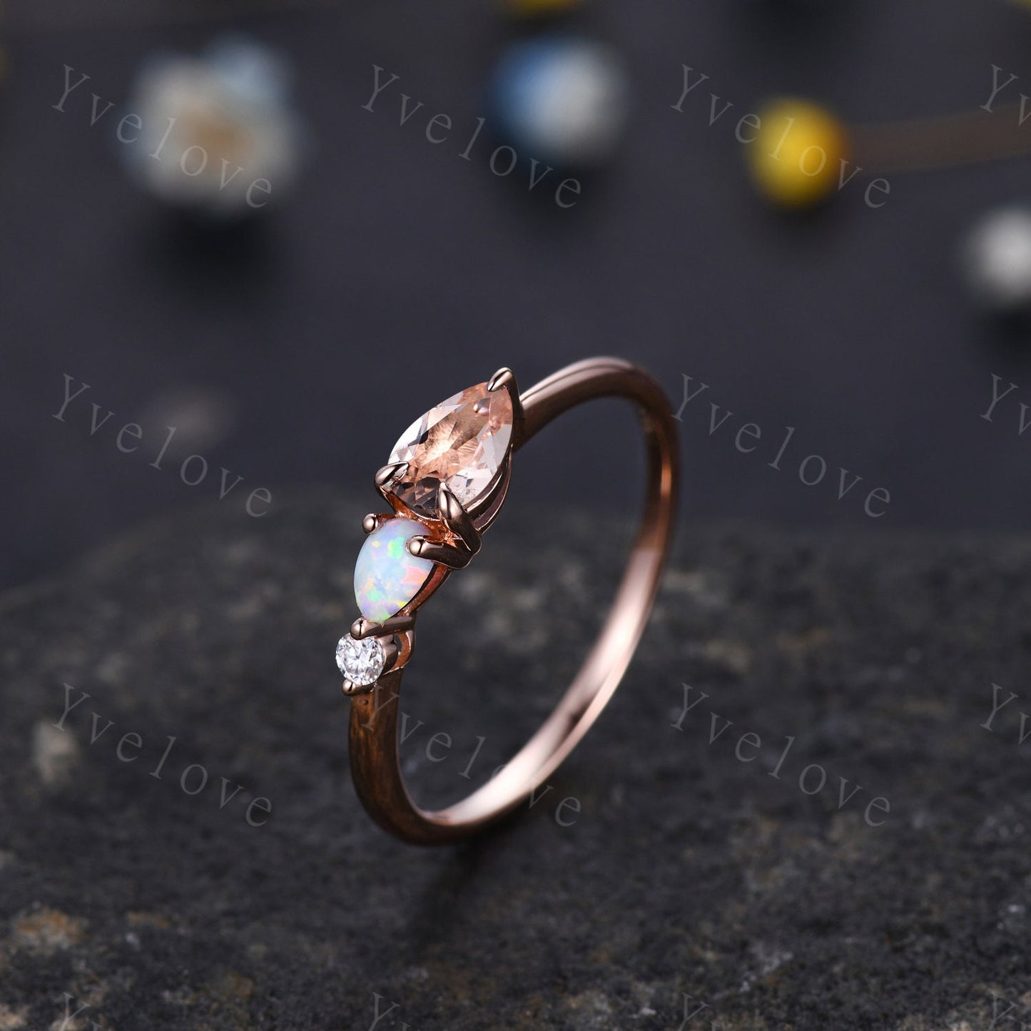 Unique Peach Morganite Opal Engagement Ring,Pear Cut Gems,Art Deco Moissanite Wedding Band,3 Stone Unique Women Bridal Promise Ring Gift