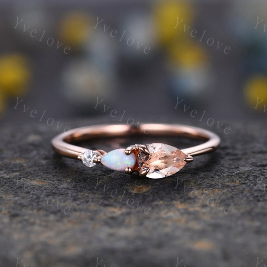 Unique Peach Morganite Opal Engagement Ring,Pear Cut Gems,Art Deco Moissanite Wedding Band,3 Stone Unique Women Bridal Promise Ring Gift