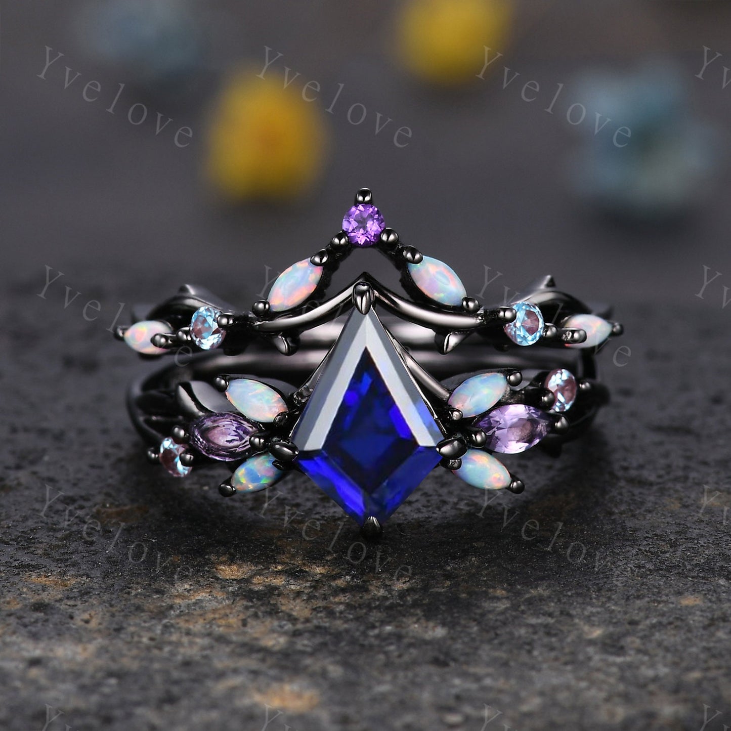 Vintage Kite Cut Sapphire Engagement Ring Set,Black Gold,Vines Amethyst Opal Ring,Women Bridal Set,Unique Twig Anniversary Promise Ring Gift