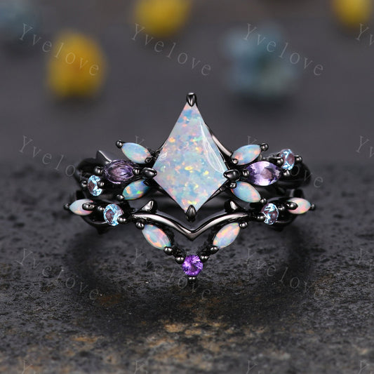 Vintage Kite White Opal Engagement Ring Set,Black Gold,Vines Amethyst Opal Ring,Women Bridal Set,Unique Twig Anniversary Promise Ring Gift
