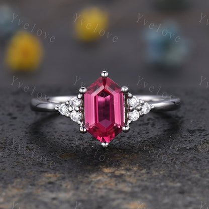 Retro hexagon Red Ruby Ring,Vintage Sterling Silver Ring,Unique Ruby Engagement Ring,Promise Ring,Anniversary Ring Bridal Ring Gift For Her