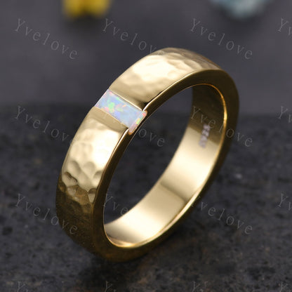 Mens White Fire Opal Wedding Band Baguette Cut Opal Band 5mm Yellow Gold Ring Mens Hammered Stacking Matching Band Retro Vintage Ring Gift