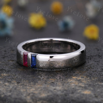 5mm Mens Sapphire Ruby Wedding Band,Two Baguette Cut Gems Ring,Comfort Fit Mens Ring,Mens Birthstone Ring,Handmade Gift For Him, Platinum