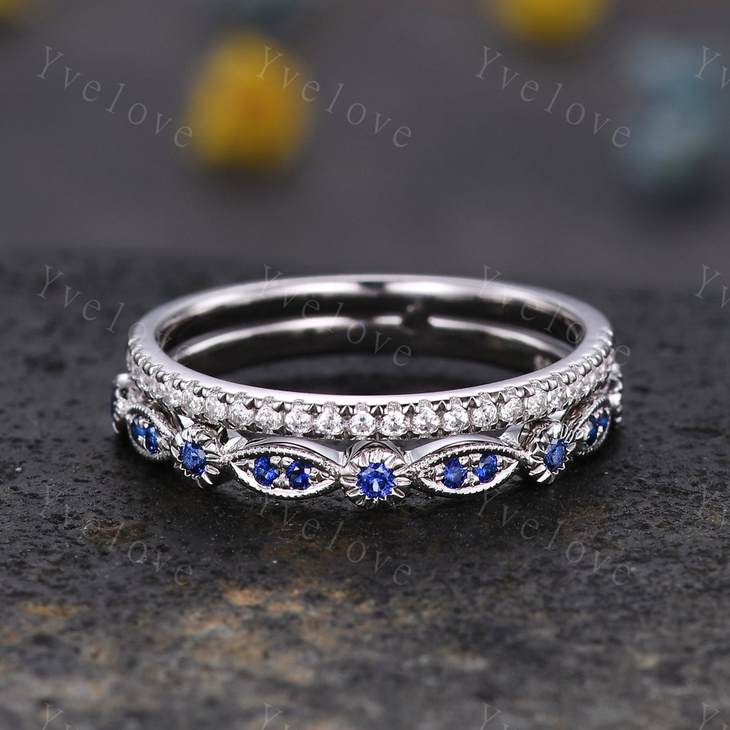 Sapphire Diamond wedding ring sapphire moissanite wedding band solid white gold soldered ring milgrain wedding band stacking matching band