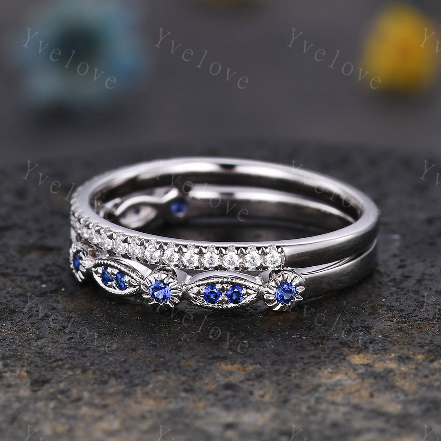 Sapphire Diamond wedding ring sapphire moissanite wedding band solid white gold soldered ring milgrain wedding band stacking matching band