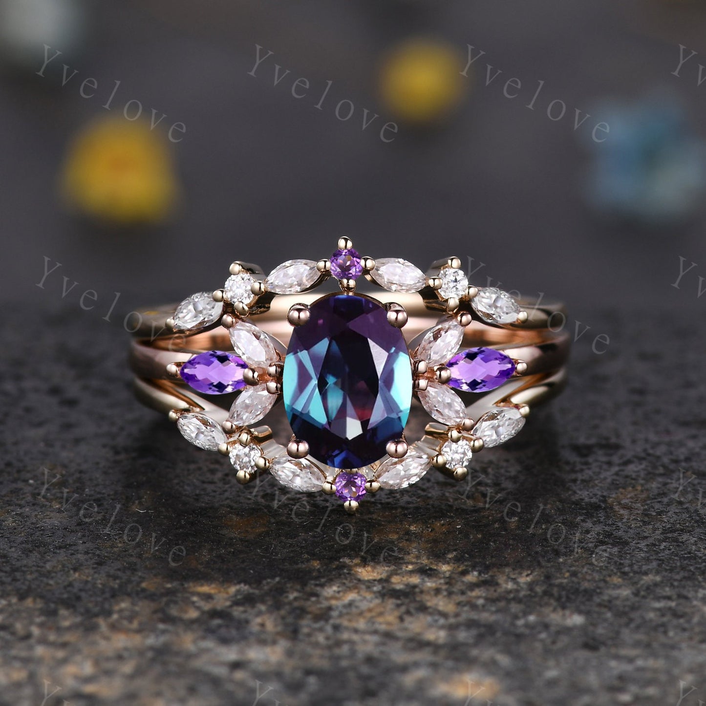 Natural amethyst curved enhancer matching band stacking band diamond wedding ring art deco marquise moissanite customized gift silver ring