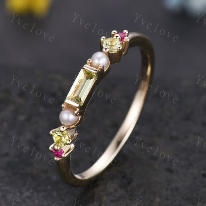 Minimalist Baguette shaped peridot band dainty pearl red garnet wedding band women stackable matching ring gold plated personalized gift