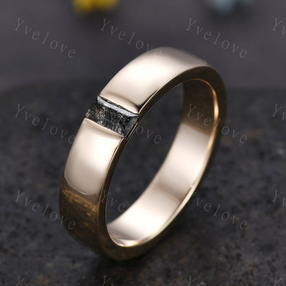 Mens Black Rutilate Quartz Wedding Band Baguette Cut Band 5mm Black Gold Ring Mens Solitaire Stacking Matching Band Retro Vintage Ring Gift