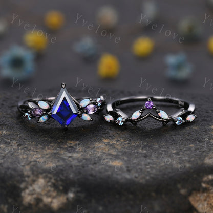 Vintage Kite Cut Sapphire Engagement Ring Set,Black Gold,Vines Amethyst Opal Ring,Women Bridal Set,Unique Twig Anniversary Promise Ring Gift