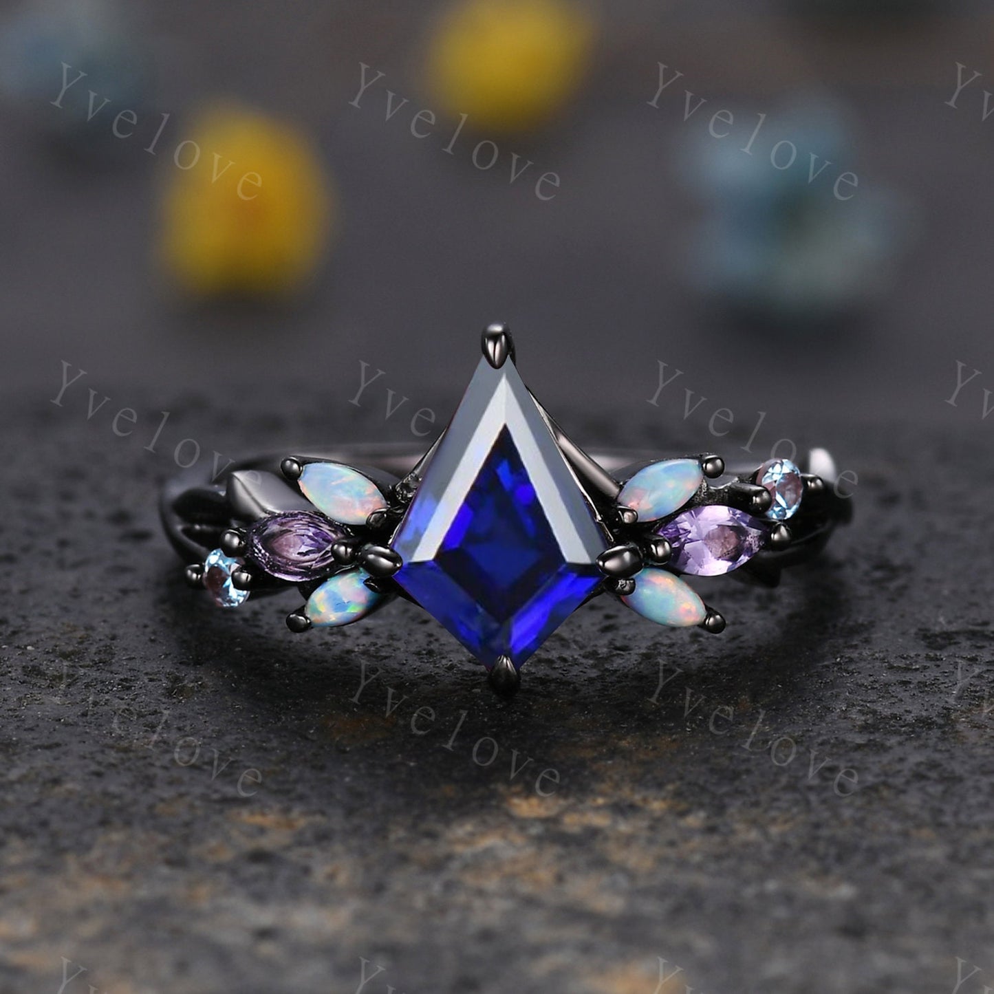 Vintage Kite Cut Sapphire Engagement Ring Set,Black Gold,Vines Amethyst Opal Ring,Women Bridal Set,Unique Twig Anniversary Promise Ring Gift