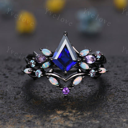 Vintage Kite Cut Sapphire Engagement Ring Set,Black Gold,Vines Amethyst Opal Ring,Women Bridal Set,Unique Twig Anniversary Promise Ring Gift