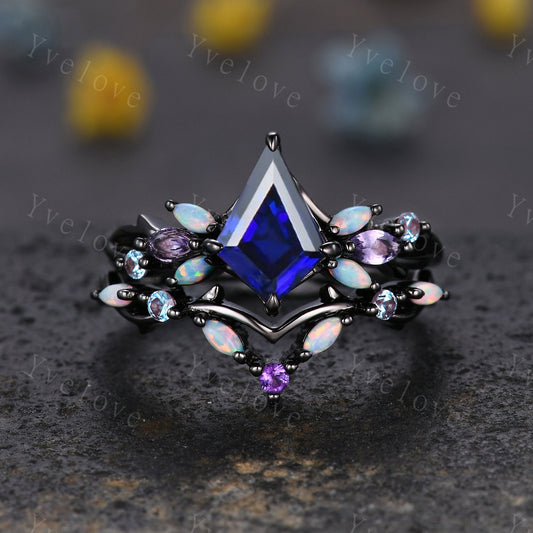 Vintage Kite Cut Sapphire Engagement Ring Set,Black Gold,Vines Amethyst Opal Ring,Women Bridal Set,Unique Twig Anniversary Promise Ring Gift