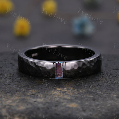 Mens Alexandrite Wedding Band Baguette Cut Alexandrite Band 5mm Black Gold Ring Mens Hammered Stacking Matching Band Retro Vintage Ring Gift