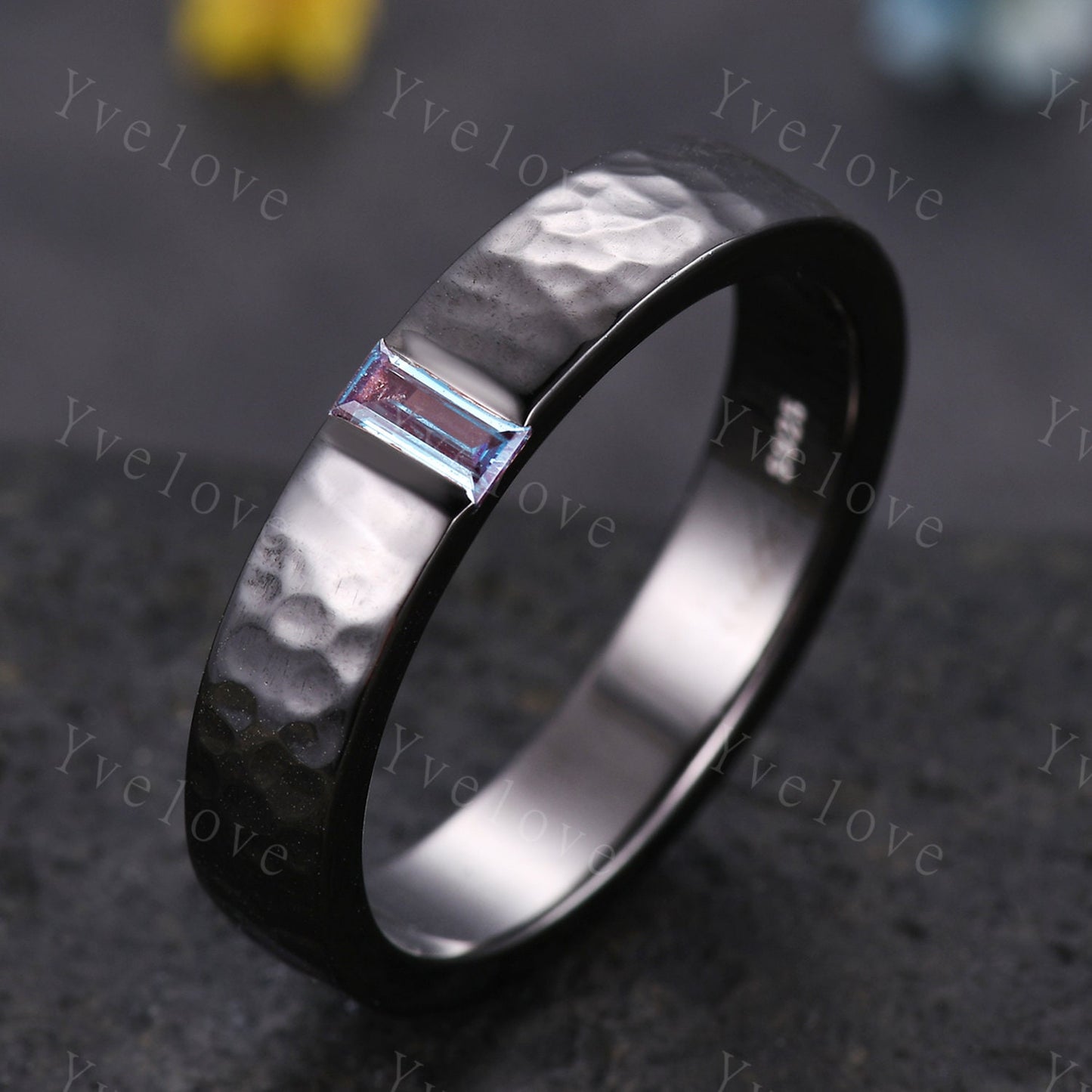 Mens Alexandrite Wedding Band Baguette Cut Alexandrite Band 5mm Black Gold Ring Mens Hammered Stacking Matching Band Retro Vintage Ring Gift