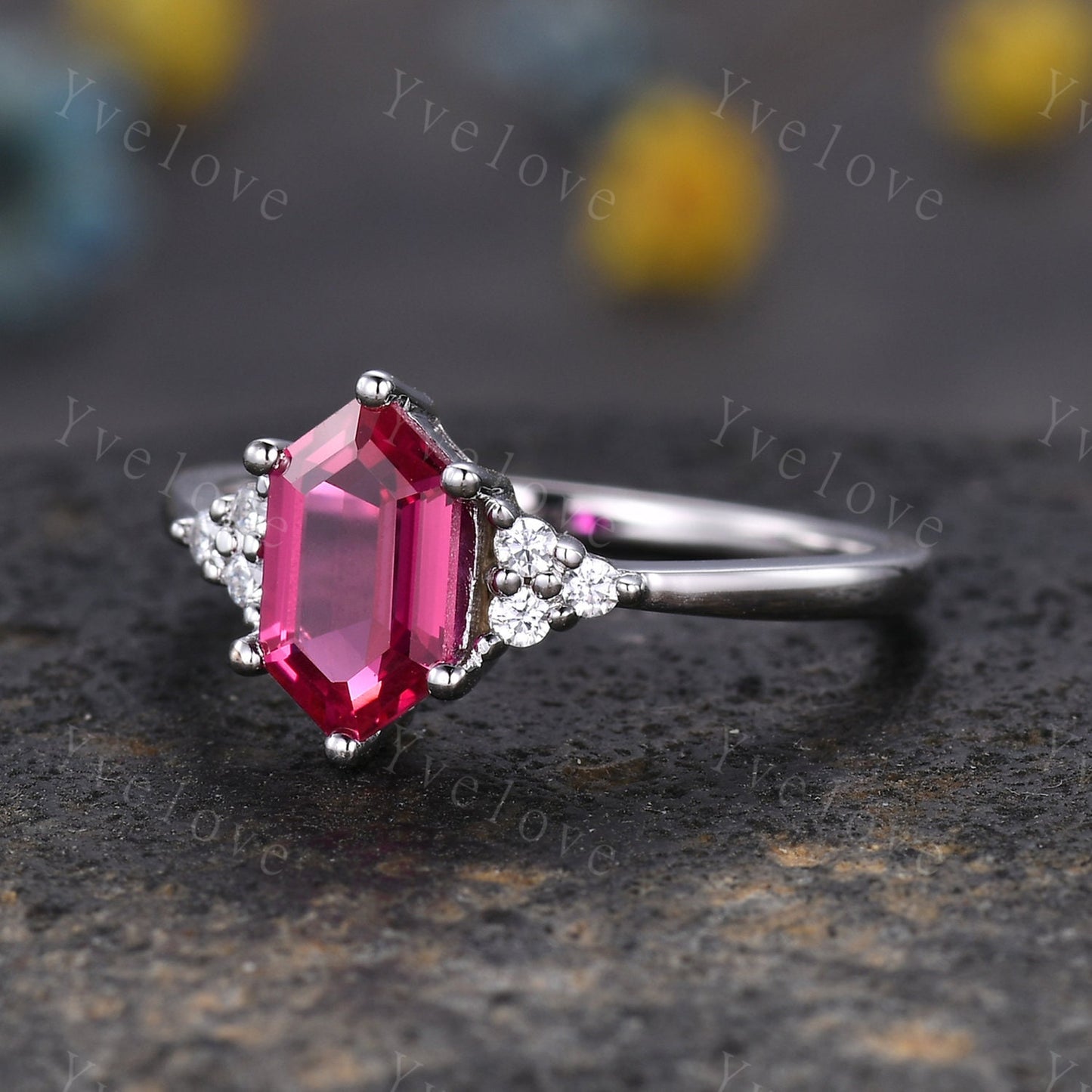 Retro hexagon Red Ruby Ring,Vintage Sterling Silver Ring,Unique Ruby Engagement Ring,Promise Ring,Anniversary Ring Bridal Ring Gift For Her