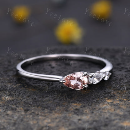 Unique Pink Morganite Engagement Ring,Pear Cut Gems,Art Deco Moissanite Wedding Band,3 Stone Unique Women Bridal Promise Ring Gift