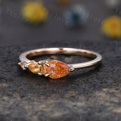 Vintage Sunstone Cirtine Engagement Ring,Pear Cut Gems,Art Deco Moissanite Wedding Band,3 Stone Unique Women Bridal Promise Ring Gift Gold