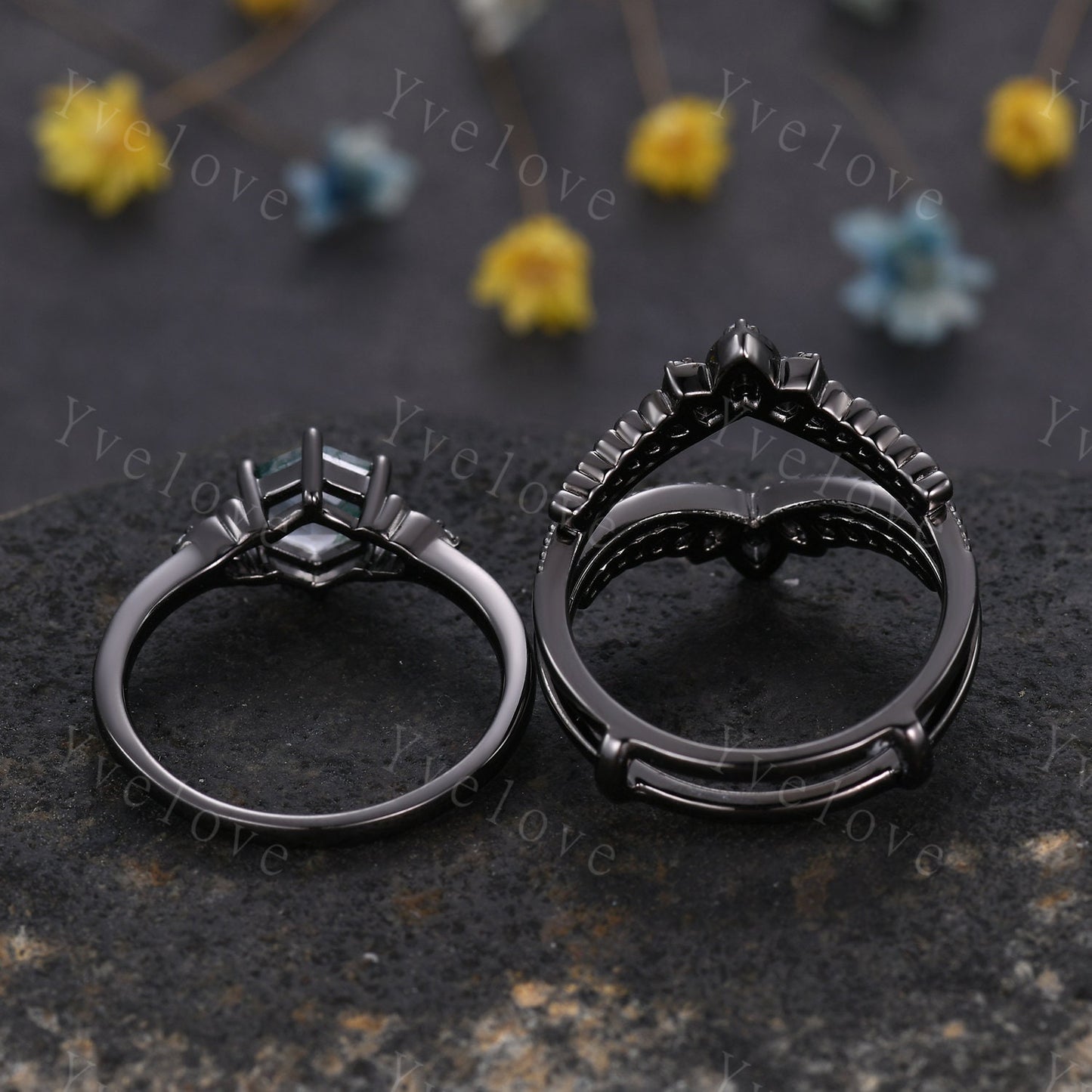 Vintage Black Gold Hexagon Cut Diamond Engagement Ring,Unique Bridal Set,IGI Certified Lab Diamond Ring Dark Promise Ring,Celtic Ring Gift