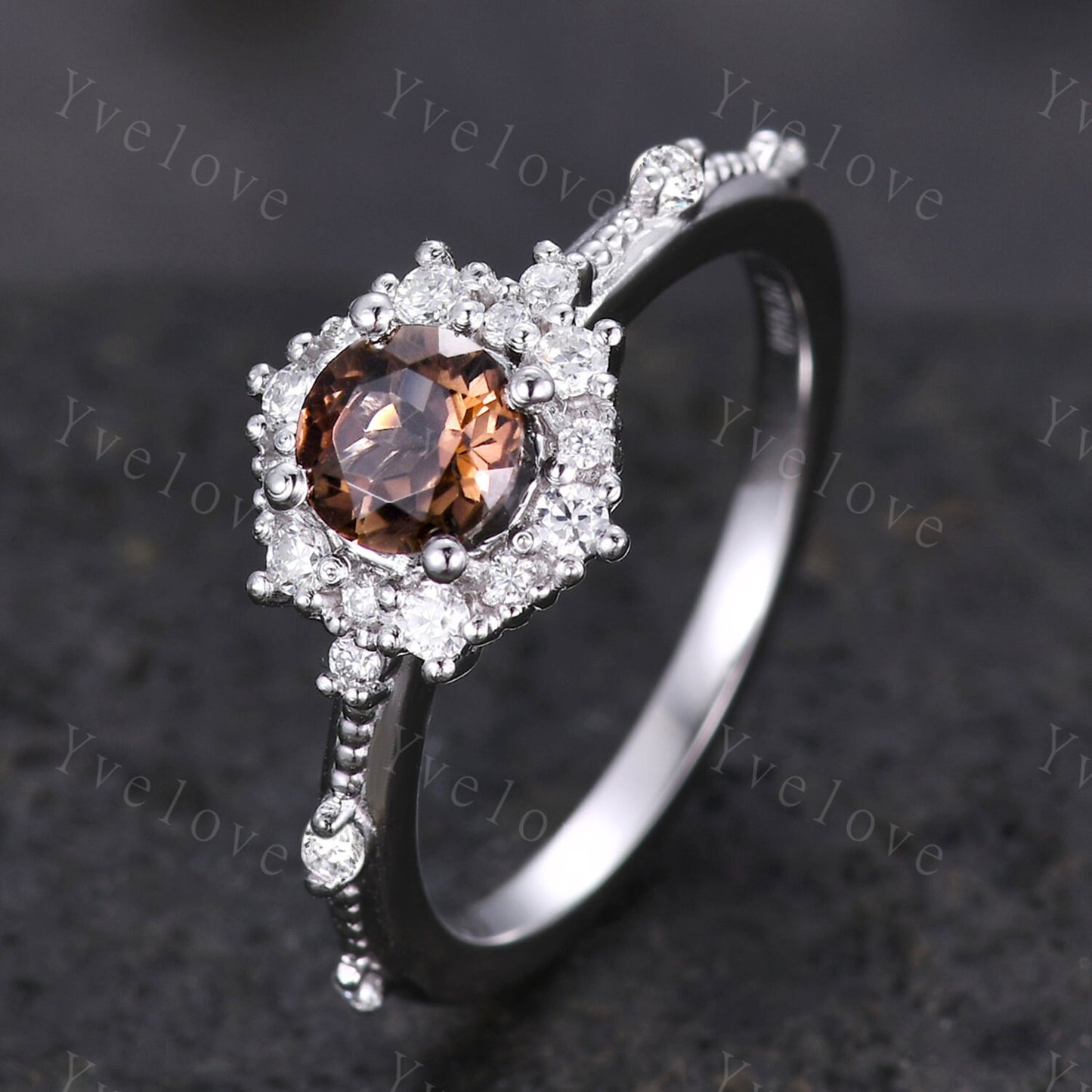 Unique Smoky Quartz Engagement Ring White Gold Moissanite Wedding Band Milgrain Stacking Bridal Set For Women Promise Ring Anniversary Gift