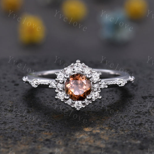 Unique Smoky Quartz Engagement Ring White Gold Moissanite Wedding Band Milgrain Stacking Bridal Set For Women Promise Ring Anniversary Gift