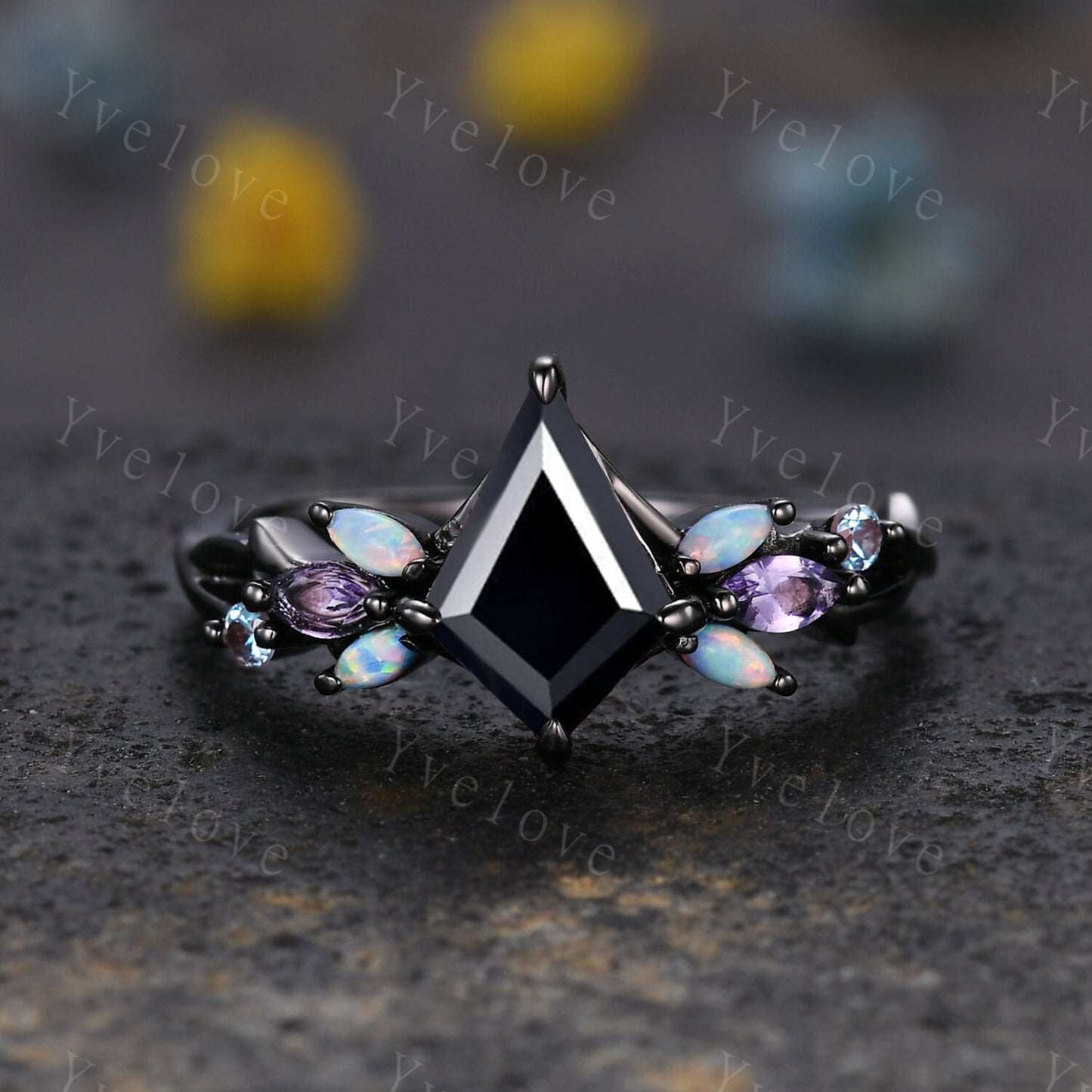 Vintage Kite Black Onyx Engagement Ring Set,Black Gold,Vines Amethyst Opal Ring,Women Bridal Set,Unique Twig Anniversary Promise Ring Gift