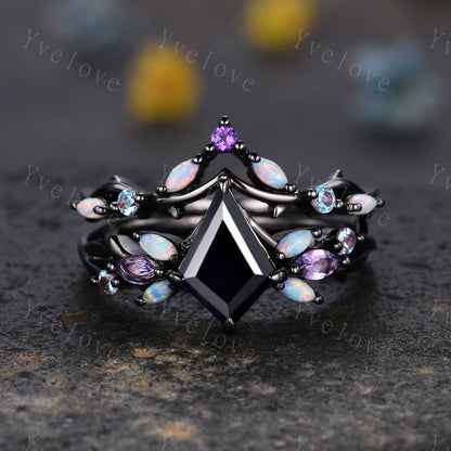 Vintage Kite Black Onyx Engagement Ring Set,Black Gold,Vines Amethyst Opal Ring,Women Bridal Set,Unique Twig Anniversary Promise Ring Gift