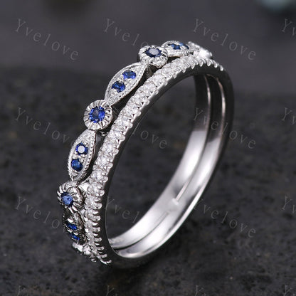 Sapphire Diamond wedding ring sapphire moissanite wedding band solid white gold soldered ring milgrain wedding band stacking matching band