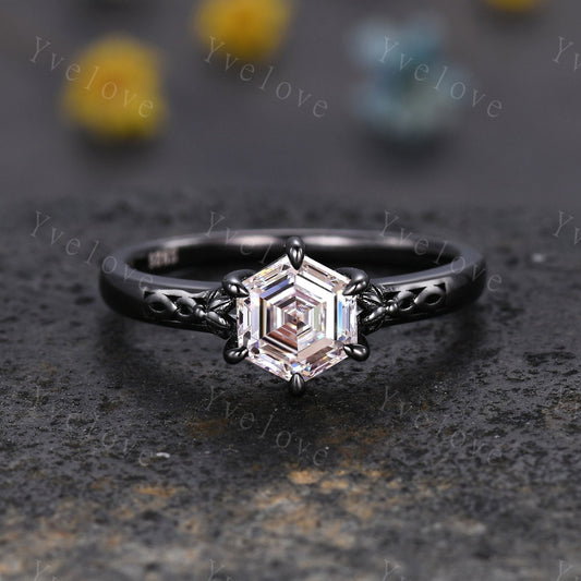 Unique Hexagon Shaped Lab Grown Diamond Engagement Ring Black Gold Vintage CVD Diamond Wedding Ring Art Deco Promise Bridal Ring For Women