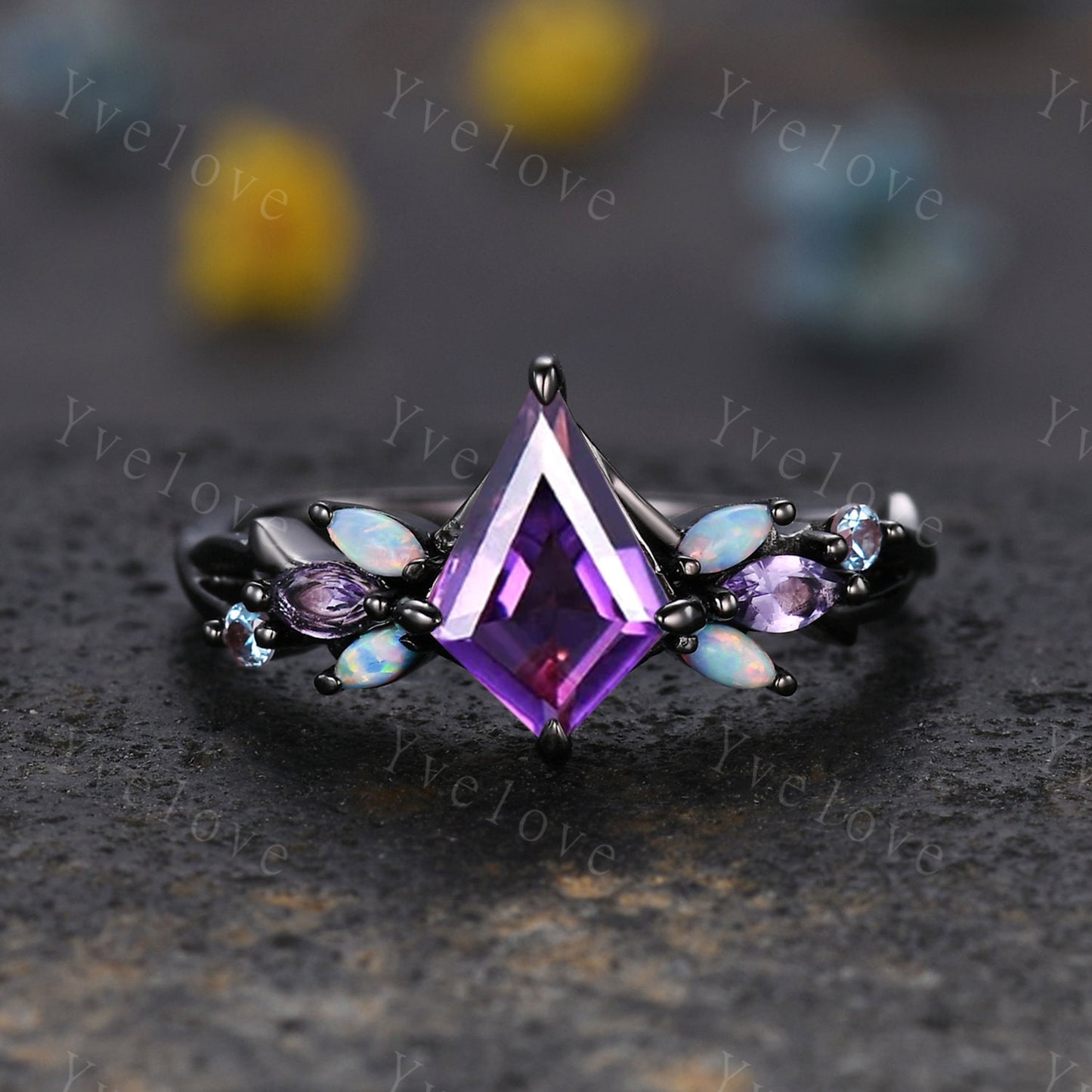 Vintage Kite Amethyst Engagement Ring Set,Black Gold,Vines Amethyst Opal Ring,Women Bridal Set,Unique Twig Anniversary Promise Ring Gift