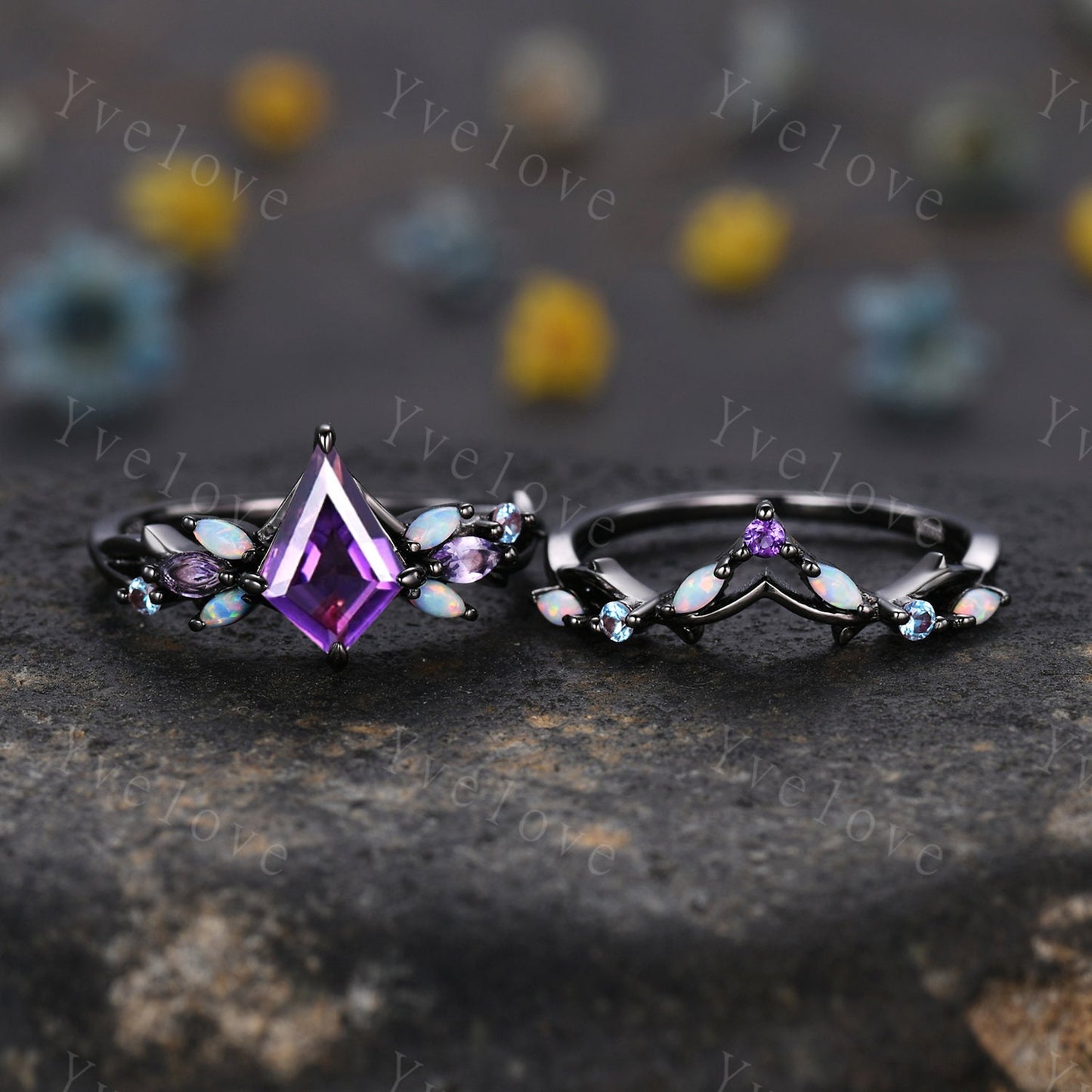 Vintage Kite Amethyst Engagement Ring Set,Black Gold,Vines Amethyst Opal Ring,Women Bridal Set,Unique Twig Anniversary Promise Ring Gift