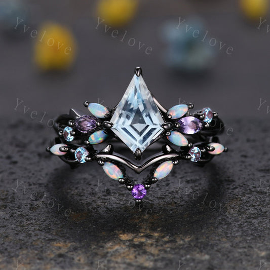 Vintage Kite Aquamarine Engagement Ring Set,Black Gold,Vines Amethyst Opal Ring,Women Bridal Set,Unique Twig Anniversary Promise Ring Gift