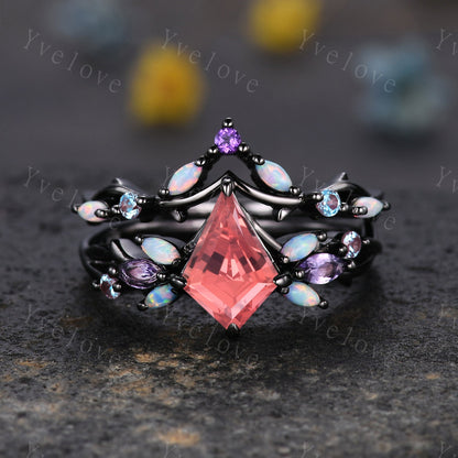 Vintage Kite Padparadscha sapphire Engagement Ring Set,Black Gold,Vines Amethyst Opal Ring,Women Bridal Set,Unique Twig Promise Ring Gift