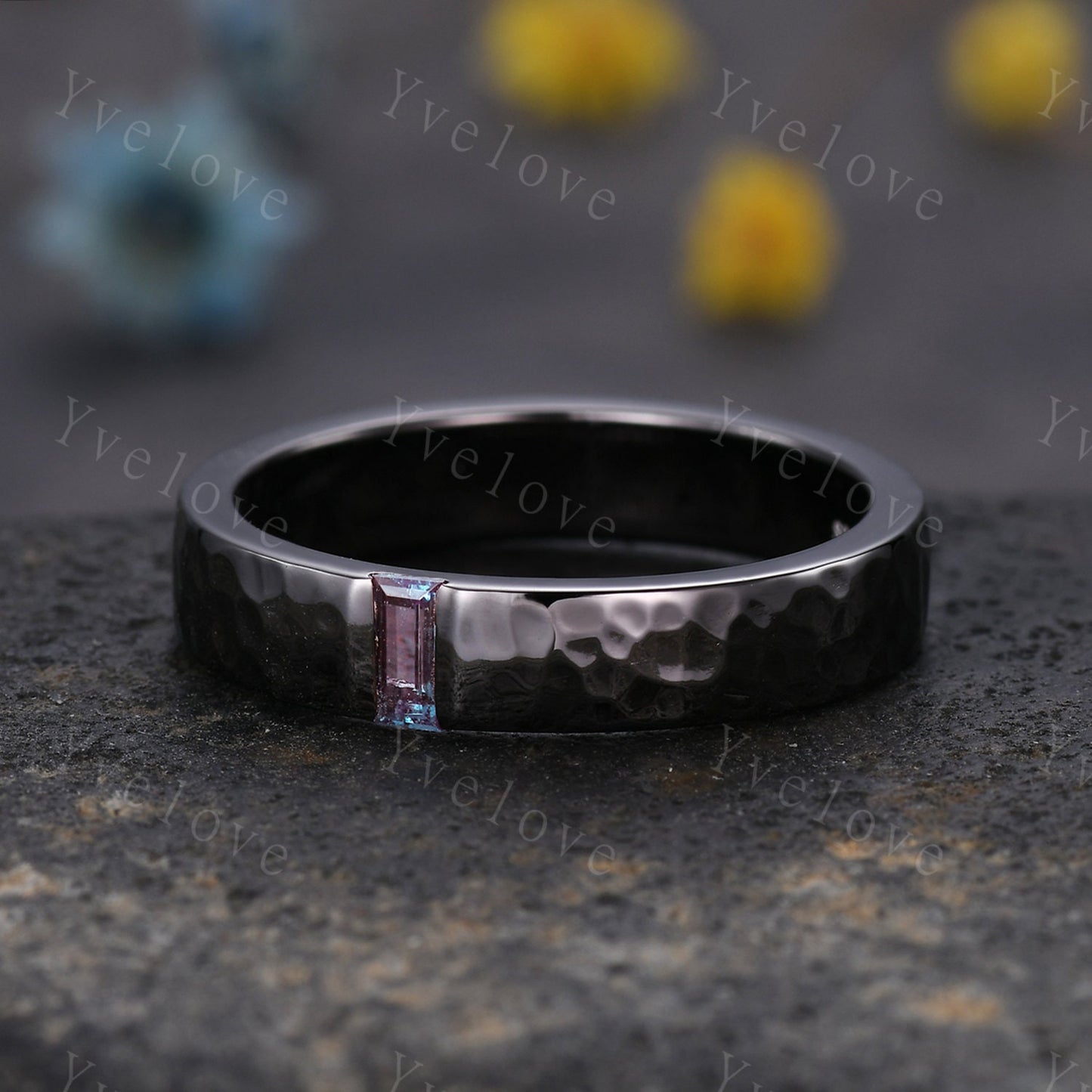 Mens Alexandrite Wedding Band Baguette Cut Alexandrite Band 5mm Black Gold Ring Mens Hammered Stacking Matching Band Retro Vintage Ring Gift