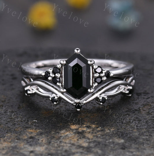 Retro hexagon Black Onyx Ring,Vintage Sterling Silver Ring Set,Unique Black Diamond Engagement Ring,Promise Anniversary Ring Gift For Her