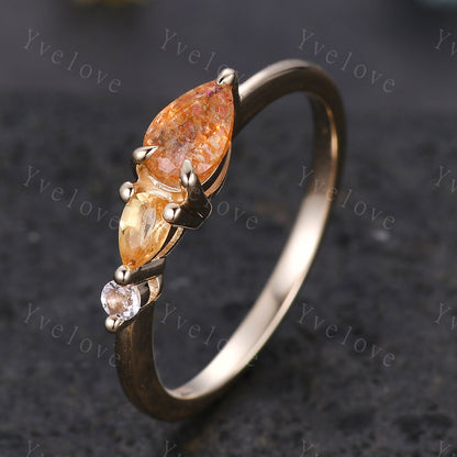 Vintage Sunstone Cirtine Engagement Ring,Pear Cut Gems,Art Deco Moissanite Wedding Band,3 Stone Unique Women Bridal Promise Ring Gift Gold