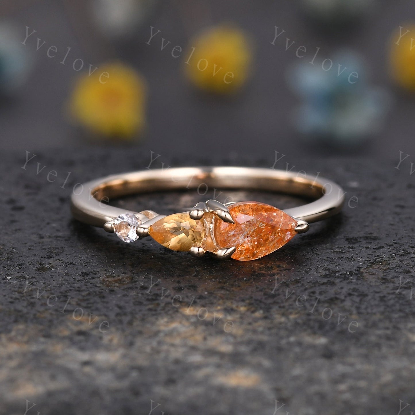 Vintage Sunstone Cirtine Engagement Ring,Pear Cut Gems,Art Deco Moissanite Wedding Band,3 Stone Unique Women Bridal Promise Ring Gift Gold