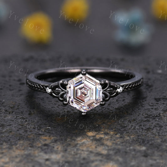 Vintage Black Gold Hexagon Cut Diamond Engagement Ring,Unique Bridal Set,IGI Certified Lab Diamond Ring Dark Promise Ring,Celtic Ring Gift