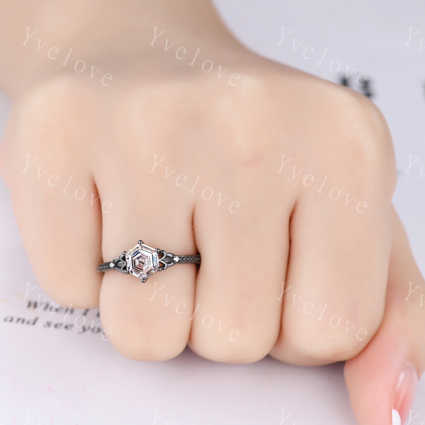 Vintage Black Gold Hexagon Cut Diamond Engagement Ring,Unique Bridal Set,IGI Certified Lab Diamond Ring Dark Promise Ring,Celtic Ring Gift