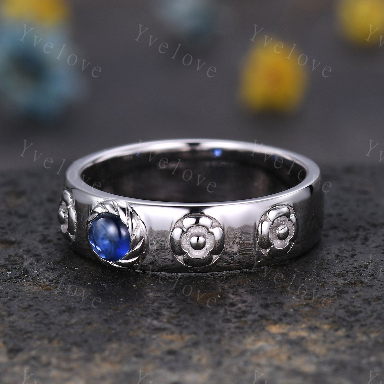 Howls Moving Castle Ring 4mm Round Natural Blue Sapphire Wedding Band S925 Silver Ring Howl's Ring Sophie's Ring Stacking Matching Band Gift White