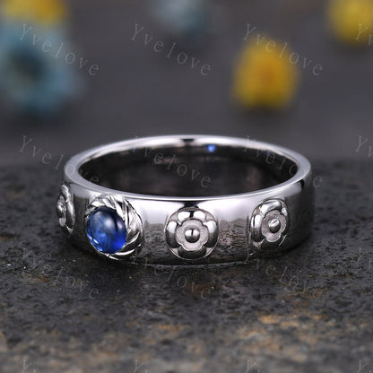 Howls Moving Castle Ring 4mm Round Natural Blue Sapphire Wedding Band S925 Silver Ring Howl's Ring Sophie's Ring Stacking Matching Band Gift